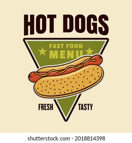 Hot dog vector colorful emblem, badge, label, sticker or logo in cartoon style on light background