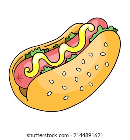 Hot Dog, vector design element in the style of doodles, isolated on a white background, hand drawn