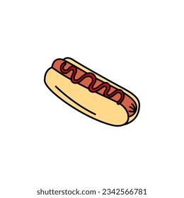 Elemento doodle vectorial de perro caliente aislado. Esbozo de ilustración de la comida rápida tradicional. La mano dibujó lindos doodles coloridos.