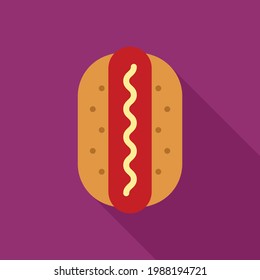 Icono del vector del perro caliente en estilo plano. El hotdog es una comida a la parrilla o al vapor que se sirve en un bollo parcialmente cortado. Icono de ilustración vectorial para aplicación, sitio web o logotipo