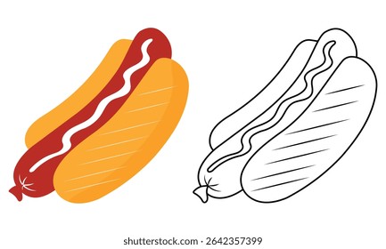Hot dog vector icon set design on white background. Silhouette of hot dog line art, fast food icon vector illustration.	