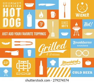 Hot Dog Vector Icon and Typography Set. Vintage Retro Signs or Labels with Design Elements. Sausages, Knife, Beer, Grill, etc. 