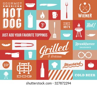 Hot Dog Vector Icon and Typography Set. Vintage Retro Signs or Labels with Design Elements. Sausages, Knife, Beer, Grill, etc. 