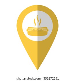 Hot dog - vector icon;  yellow map pointer