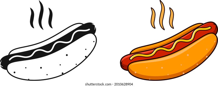Hot dog, vector illustration. Black and white icon and bright colored sign for cafes, restaurants, shops, prints, web designs. Fast food logo