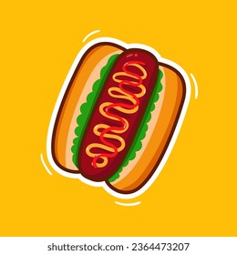 Hot dog vector illustration in cartoon style on a yellow background