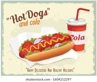 Hot dog vector illustration with a cold drink on a light background