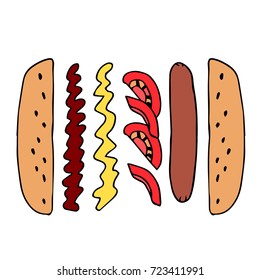 Hot dog vector illustration. Doodle style. Design icon, print, logo, poster, symbol, decor, textile, paper.