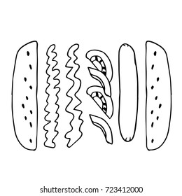 Hot dog vector illustration. Doodle style. Design icon, print, logo, poster, symbol, decor, textile, paper.