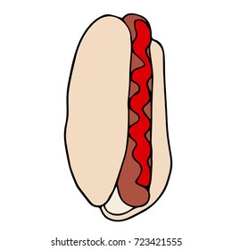 Hot dog vector illustration. Doodle style. Design icon, print, logo, poster, symbol, decor, textile, paper.