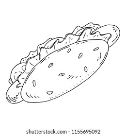 Hot dog. Vector illustration of fast food sausage with a bun. Hand drawn hot dog with a sausage.