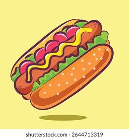 Hot dog vector illustration of fast food isolated on orange background