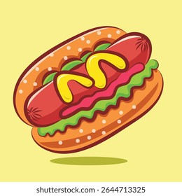 Hot dog vector illustration of fast food isolated on yellow background