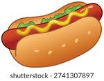 Hot dog vector illustration featuring a grilled sausage topped with yellow mustard and fresh lettuce in a colorful cartoon style suitable for menu packaging and street food branding designs