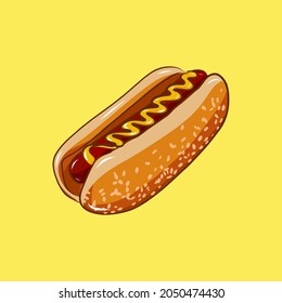 Hot dog vector illustration. Fresh seasam bun stuffed with grilled sausage with yellow american mustard on the top. Fast food. Street junk food on the light yellow background.