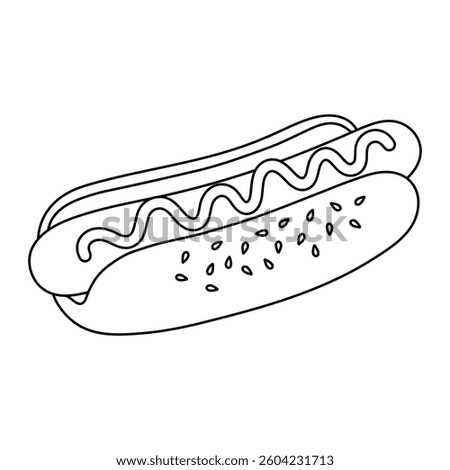 Hot dog vector illustration. Hand-drawn fast food in doodle style. Black line art isolated on white background.