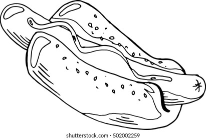Hot dog. Vector illustration of a hot dog with ketchup or mustard. Fast food, unhealthy eating.