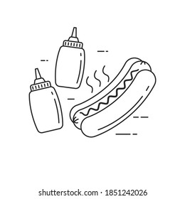 Hot dog vector illustration in line art style isolated on white background. Linear style hot dog icon