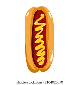 Ilustración vectorial de hot dog con mostaza en estilo de caricatura plana. La comida rápida estadounidense. Ilustración sencilla para el diseño de menú de comida rápida. Iconos aislados.