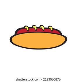 Hot dog vector illustration with mustard in flat cartoon style. American fast food. Simple illustration for design fast food menu. Isolated icon