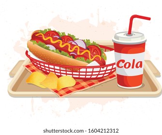 Hot dog vector illustration with potato chips and cold drink glass in a wooden tray