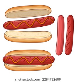 Hot dog vector illustration. 
Sausage and bread vector illustration.