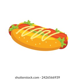 Perro Caliente. Ilustración plana aislada del vector de la comida rápida para el póster, el menú, el folleto, la web y el icono de la comida rápida.