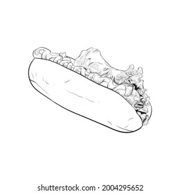 hot dog con estilo vectorial de grabado. perro caliente dibujado a mano.