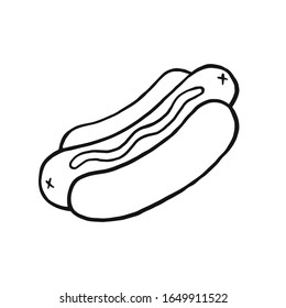 Perro caliente. Ilustración lineal vectorial. Dibujo de Hot dog. Dibujo de doodle.