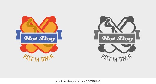 Hot dog vector logo or label, fast food, junk food. Monochrome and color
