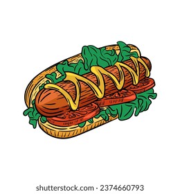 Hot Dog, Vektorlogo auf weißem Hintergrund. Hot Dog Sketch-Vektorgrafik, einzeln. Hot Doodle mit Farbe im Vintage-Stil