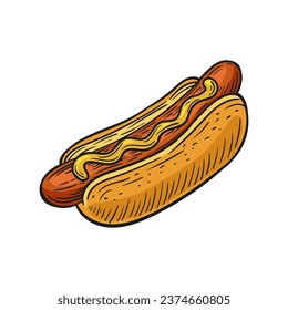 Hot dog vector logo on white background. Hot dog sketch illustration vector isolated. Hot dog doodle with colour with vintage style