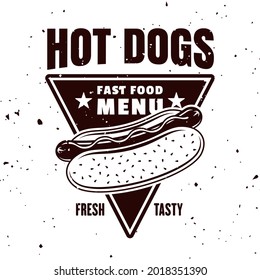 Emblema monocromático vectorial de los perros calientes, insignia, etiqueta, pegatina o logotipo en estilo vintage aislado en fondo blanco