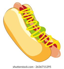 Hot dog vector. Sausage mustard lettuce. Fast food shape. Tasty snack cartoon.