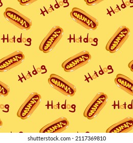 Hot dog vector seamless pattern with mustard in flat cartoon style. Lettering. Calligraphy. Hand written style. American fast food. Simple illustration for design fast food menu. Street food.	
