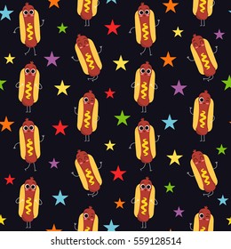 Hot dog, vector seamless pattern with cute fast food characters on dark background with colorful stars