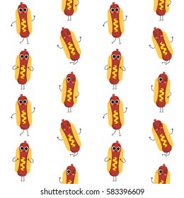 Hot dog, vector seamless pattern with cute cartoon fast food characters isolated on white