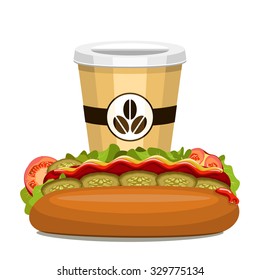 Hot dog with vegetables and coffee on a white background.