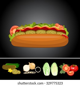 Hot dog with vegetables and ingredients on a black background.