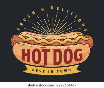 Hot dog vintage colorful label for menu of roadside diner or American-style cafe with fast food menu vector illustration