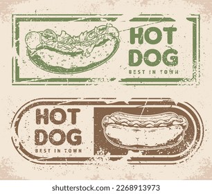 Hot dog vintage label monochrome with American sausage sandwich and ketchup or mustard for quick snack on go vector illustration