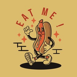 Hot Dog Vintage Mascot Cartoon Characte Illustration