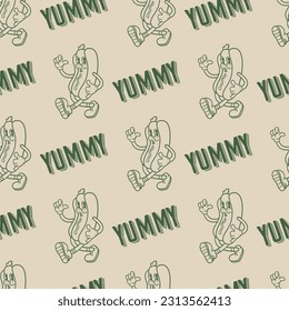 Hot dog vintage mascot cartoon character seamless pattern in monochrome style