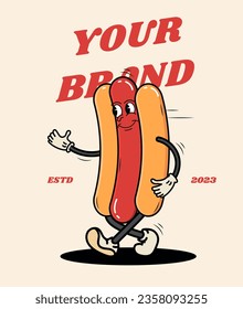 Hot dog vintage mascot happy cartoon. Vector character