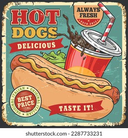 Cartel vintage de Hot dog colorido con bocadillos de salchichas en bollos y soda en vidrio con ilustración vectorial de paja