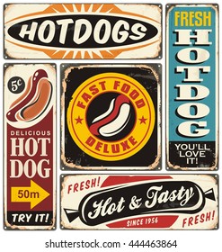 Hot dog vintage signs collection on old damaged metal background. Fast food restaurants vector posters set.