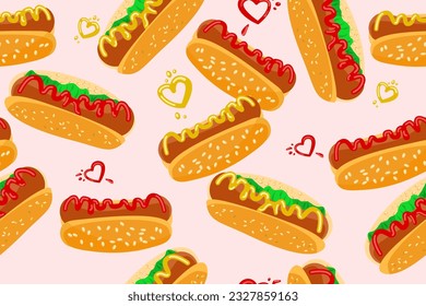 Hot dog  in vintage style, vector seamless pattern