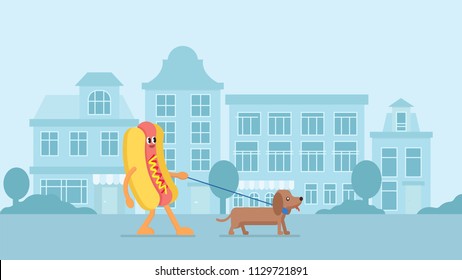 hot dog walking with a dog
