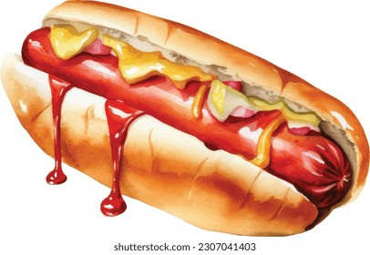 Hot Dog Wasserfarbe. Handgezeichneter heißer Hund, Aquarellskizze, Vektorgrafik für Lebensmitteldesign.