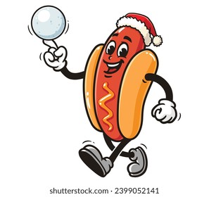 Hot dog is wearing a Christmas hat while playing snowballs cartoon mascot illustration character vector clip art